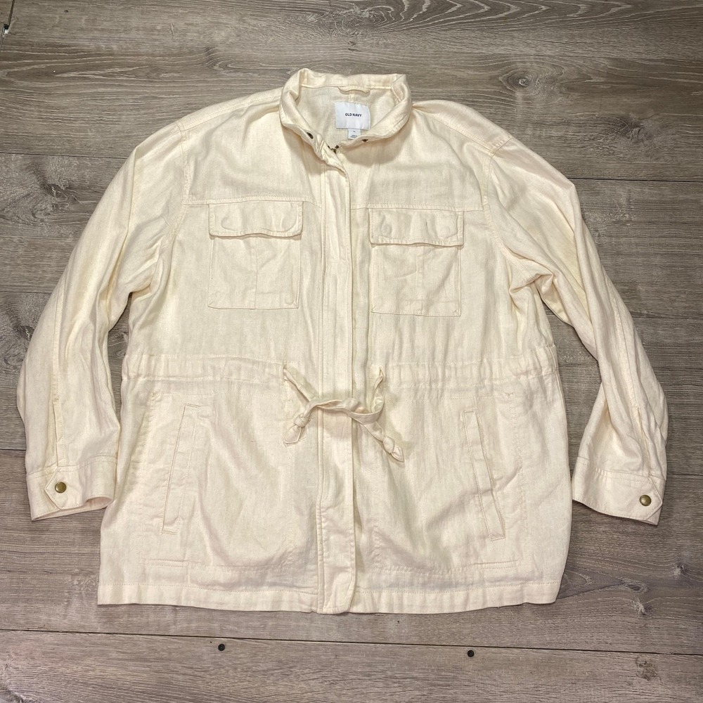 Old Navy Jacket Womens XL White Linen Utility Anorak Zip Drawstring Lightweight